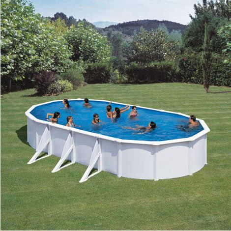GRE – Piscine tubulaire ovale acier 7,44m x 3,99m x H: 1,22m – Filtration à sable 4m³/h – Volume 25,30m³ – Échelle de sécurité 2x3 marches (1/10)