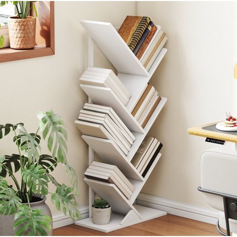 Libreria autoportante 50x24x109 cm in legno bianco, 7 ripiani, salvaspazio per ufficio – MEUBLIV (1/5)
