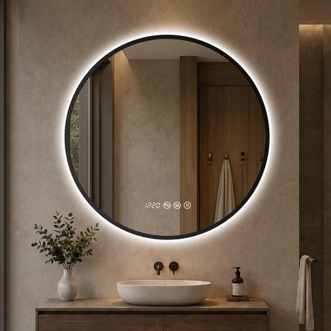 Miroir salle de bain LED rond Ø80 cm noir, 3 couleurs, dimmable, antibuée - S'AFIELINA (1/5)