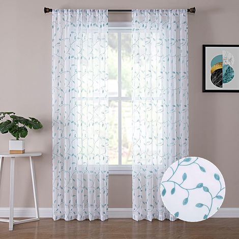 Cortinas cortas transparentes con bordado de hojas azules, estilo lino, 137 cm x 160 cm, dos piezas. (1/4)