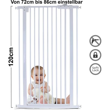 Barrière de sécurité escalier réglable 72-86cm – Métal blanc – Hauteur 120cm – Installation sans perçage – Ouverture double sens – Ramroxx (1/5)