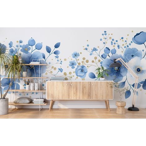 Papier peint fleuri - fleurs bleues dorées - 150 x 250 cm (1/2)