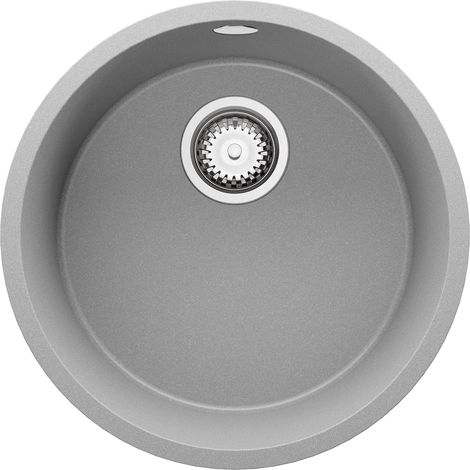 PRIMAGRAN Evier cuisine Granit Rond 46x46cm, Evier 1 bac + Kit de Vidage, Lavabo Cuisine au meuble 50cm - La Valette Slim, Gris (1/5)