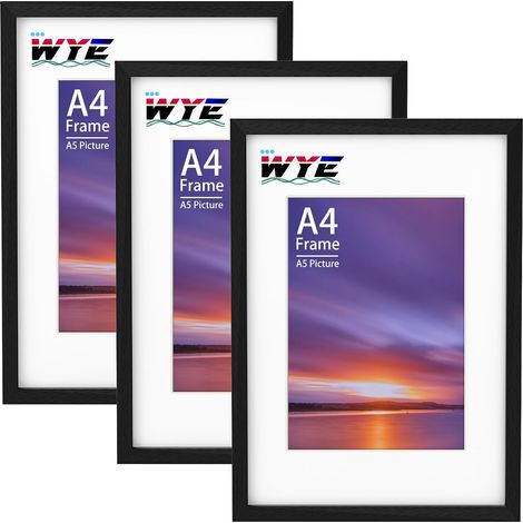 Lot de 3 cadres photo A4, 21 x 29,7 cm Cadres photo en bois avec support, pour table ou suspension murale, A4 Cadre noir avec passe-partout A5, Cadre pour documents avec fenêtre en plexiglas (1/5)