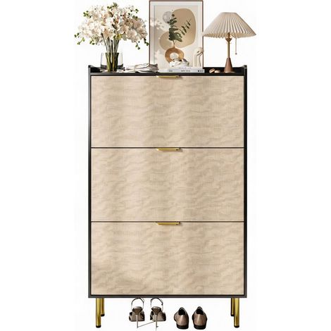 Meuble à chaussures étroit à 3 tiroirs abattants - Armoire gain de place pour entrée/couloir/placard (18-24 paires) - Étagères réglables, bois d’ingénierie, pieds en métal - Couleur : Noir (1/5)