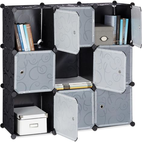 Étagère rangement 9 casiers portes plastique modulable assemblage plug in bibliothèque, Noir, 95.5 x 32 x 95.5 cm (1/5)