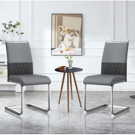 Moderne Esszimmerstühle 2er Set, Rücklehne aus PU Kunstleder und Leinen, hoher Rücken gepolstert Side Chair, Querstreifen Rückenlehne Design für Esszimmer, Küche, Gast Bürostuhl, grau (1/5)