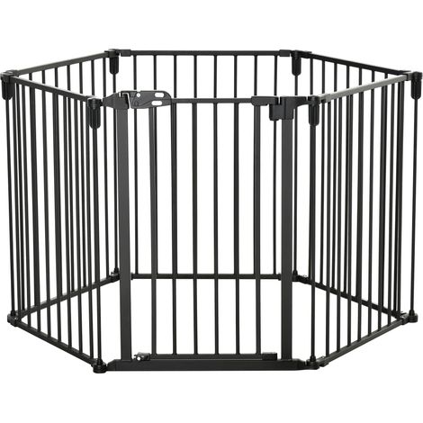 Barrière de sécurité pliable modulable 6 panneaux pour cheminée, enclos chien, parc bébé, avec porte, sans perçage, noir 362,5 x 76 cm (1/5)