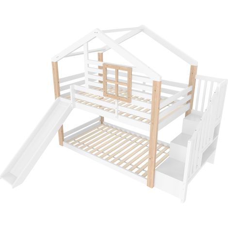 Cama alta infantil con tobogán y escalera, 90x200 cm, madera, blanco (1/5)