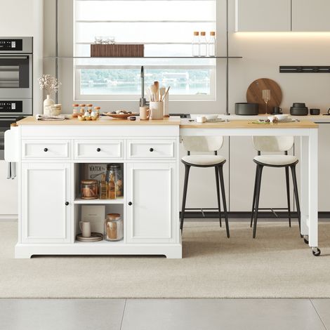 Kücheninsel 112x45x92 cm, ausziehbar bis 188 cm, mit Rollen und Schubladen, MDF und PB, weiß natur (1/5)
