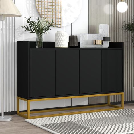 Sideboard aus Spanplatte und MDF in Schwarz, 120x30x80 cm, 4 Türen, 2 verstellbare Einlegeböden, Metallrahmen (1/5)