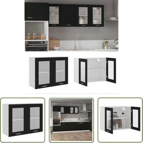 The Living Store Armoire en verre suspendue Noir 80x31x60 cm Bois d'ingénierie - Armoire Suspendu - Meuble De Cuisine - Rangement Cuisine - Armoire Verre - Armoire Noire (1/5)