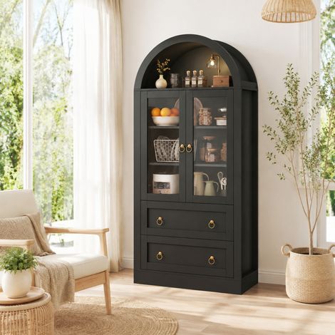 Hoher Bogenschrank mit Glastüren, 80 x 36 x 170 cm, Schwarz, mit Schubladen, OKWISH (1/5)