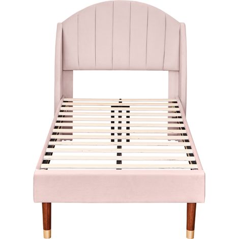 Cama capitoné 90x200 cm con somier de lamas y cabecero de terciopelo rosa HOMVRA (1/5)