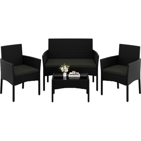 Yaheetech 4 Pièces Salon de Jardin Exterieur en Polyrotin, Mobilier de Jardin avec Coussins d'Assise, Canapé 2 Places, 2 Fauteuils et 1 Table, Meubles Ensemble pour Extérieur Balcon Terrasse Noir/Gris