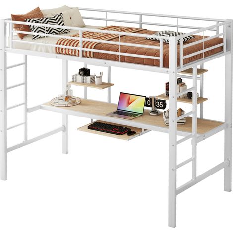 Lit mezzanine 90x200 cm en métal blanc avec bureau, deux étagères et échelle, couchage sécurisé pour enfants, ados et adultes, style minimaliste  CHICFURN (1/5)