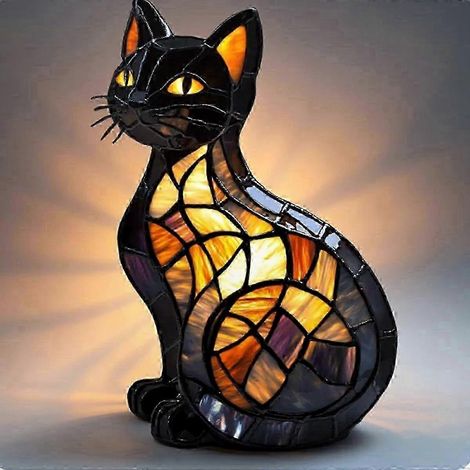 Lampadaire Rétro Chat 3D, Lampe de Table en Verre Teinté, Luminaire LED en Résine pour Déco Maison, Animaux Mignons, Idée Cadeau (1/5)