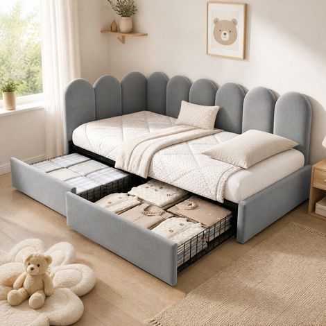 Letto singolo imbottito con 2 cassetti 90x190 cm in velluto grigio con rete a doghe OKWISH (1/5)