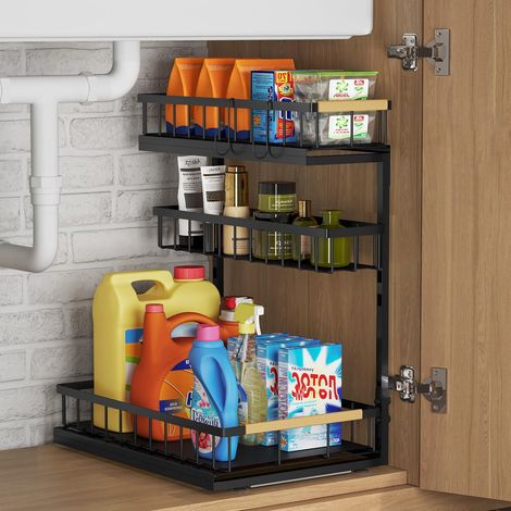 Organiseur de rangement sous évier de cuisine – 1 organiseur en métal pour placard – Tiroirs coulissants à 3 niveaux – Étagère de nettoyage coulissante pour salle de bain (1/5)
