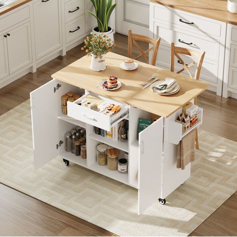 Isola cucina con piano ribaltabile, carrello con ruote, cassetto e armadio, bianco rovere, OKWISH (1/5)