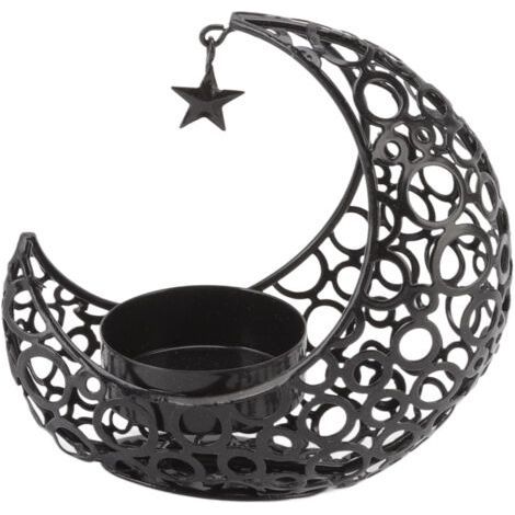 Portavelas romántico con forma de luna, portavelas hueco de hierro para bodas, decoración navideña, mesa de centro/comedor, negro (1/5)