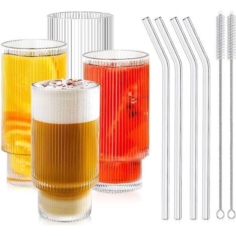 Lot de 4 verres à cocktail, 310 ml, verres à paille, verres côtelés pour cocktails, eau, jus, mojitos et long drinks (1/3)