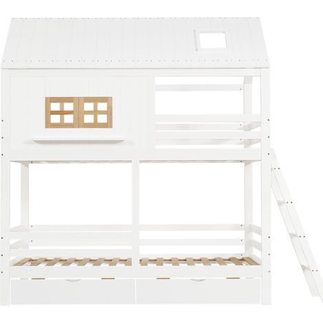 Litera infantil 90x200 cm con ventanas y techo, 2 cajones, blanco natural (1/5)