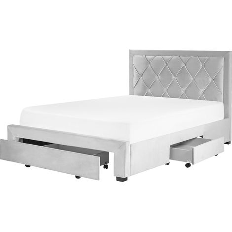 Cama con almacenaje de terciopelo gris claro 140 x 200 cm cajones cabecero alto capitoné glamuroso Lievin
