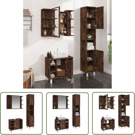 The Living Store 3-tlg. Badmöbel-Set Räuchereiche Holzwerkstoff - Badmöbel Set - Badezimmermöbel - Waschtischschrank - Spiegelschrank - Standregal (1/5)