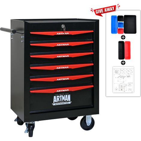 Coffre à outils roulant en acier 6 tiroirs, 508 mm (20 po), avec tiroirs coulissants à roulement à billes, établi de rangement métallique – finition noire et rouge (1/5)