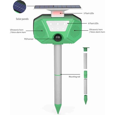 Ortviai Répulsif Solaire pour Animaux Extérieur ZS-027-2 Vert, Détecteur PIR 110°, 4 Modes Ultrasons + LED (1/5)
