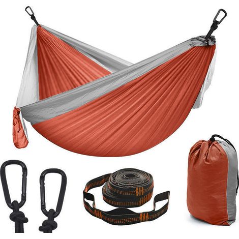 Hamac d'extérieur portable en nylon pour 2 personnes avec sangles d'arbre et mousquetons en alliage d'aluminium (270 x 140 cm). (1/5)