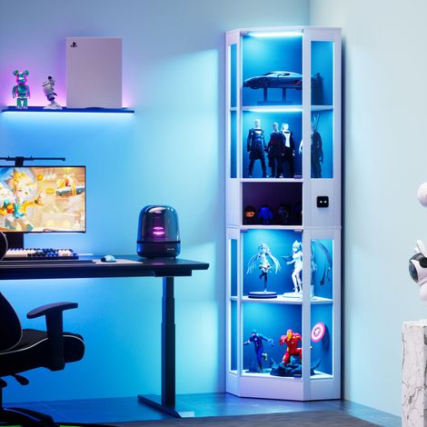 Vetrina con 5 Ripiani e Porte in Vetro, LED a 3 Modalità e Sensore, per Soggiorno e Camera, MDF e Vetro, Bianco (1/5)