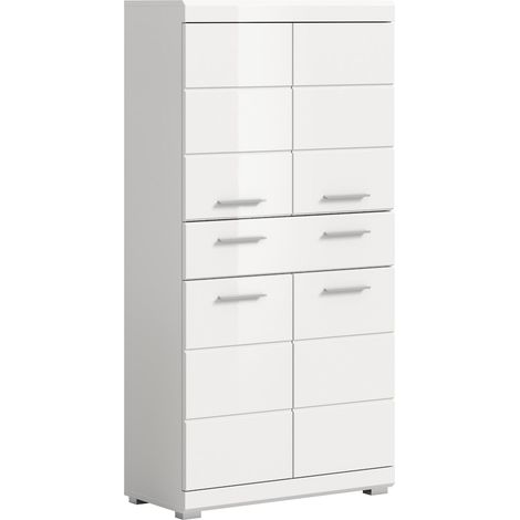 Scout Hochschrank Bad 4 Türen, 1 Schublade Weiß hochglanz, weiß.