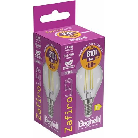 Beghelli Lampadina Led Zafiro Sfera E14 - 6W 800lm 2700K (1/2)