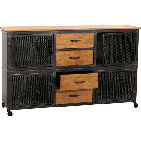 Sideboard HHG-480, Kommode, Rollen 4 Schubladen, 3D-Struktur Industrial Retro Metall Holz 90x150x40cm schwarz, natur