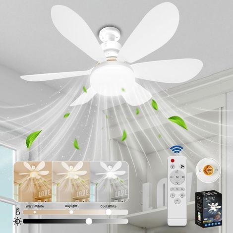 Ventilateur de Plafond avec Lumière et Telecommande, LED Ventilateur Dimmable Plafonnier avec 40W E27 Lampe Intégrée, 6 Pales, 3 Vitesses, Silencieux, pour Salon, Chambre, Coucher (Blanc) (1/5)