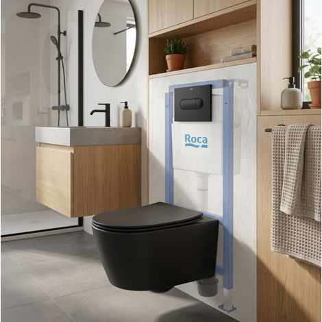 Pack WC con bastidor Roca+ WC suspendido sin brida Swiss Aqua Technologies con tapa SoftClose + placa (ROSTBRBMR01-IN)