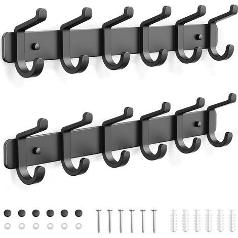 2 Pack 6 Hooks Wall Mounted Coat Hooks, Metal Coat Hooks, Wall Mounted Coat Rack for Jackets, Bags, Hats, Scarves, Hanging Bar for Bedroom, Dressing Room, Bathroom, Kitchen (Black) (1/5)