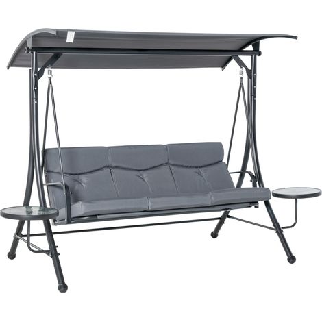 Hollywood Swing Banco Columpio De Jardín De 3 Plazas Con Toldo Ajustable Mesa De Té Acero Poliéster Gris + Negro 271 X 125 X 177 Cm