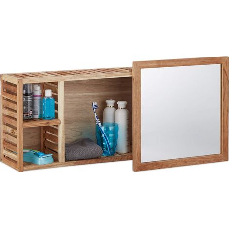 Etagère Murale avec Miroir Coulissant Salle de Bain Armoire Bois de Noyer huilé Side Board 80 cm de Largeur, Nature (1/5)
