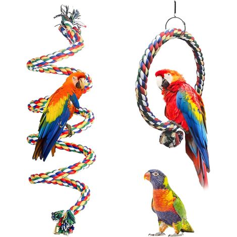 2 Pièces Jouet Perroquet, Corde Coton 150cm, Balançoire 18cm, Accessoire Cage Oiseau (1/5)