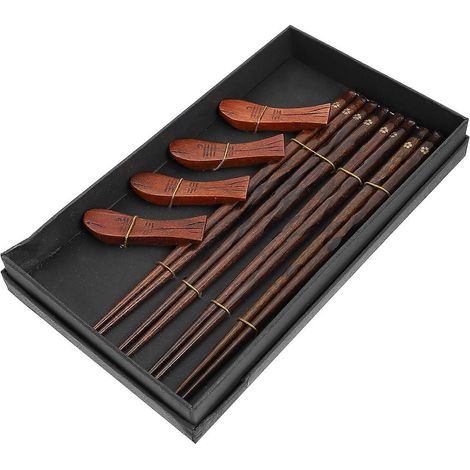 ensemble de baguettes en bois, 4 paires de baguettes, porte-baguettes (un ensemble avec fleur dorée)-22.5x1x1cm