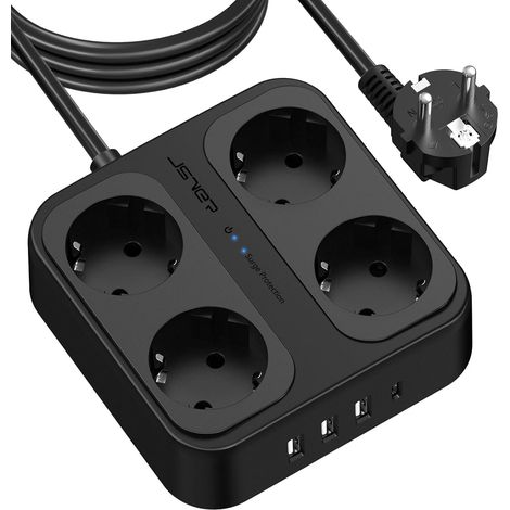 Multiprise Parasurtenseurs 3M,Multiprises parafoudre et surtension 4 Prises avec 3 Ports USB A+1 Ports USB C (5V3,4A) pour Smartphone, Maison, Bureau-Noir (1/5)