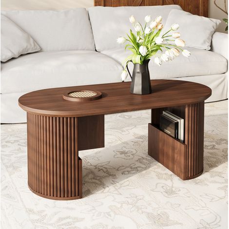 Table basse ovale noyer avec rangements intégrés, texture verticale, en MDF, 105x50x46,5 cm (1/5)