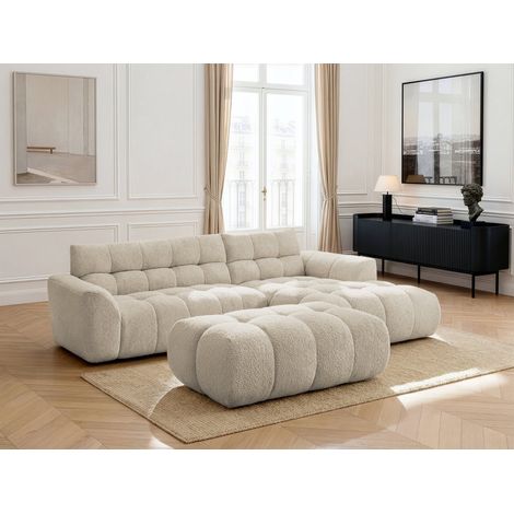 BOBOCHIC - Canapé d'angle fixe JAYA tissu chenille avec pouf Angle droit Beige (1/5)