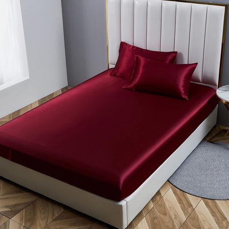 Damier Drap-housse 100x200cm Rouge Bordeaux Satin Soie Brillant Drap de lit Uni Deluxe, adapté pour des matelas jusqu'à 30cm (1/5)