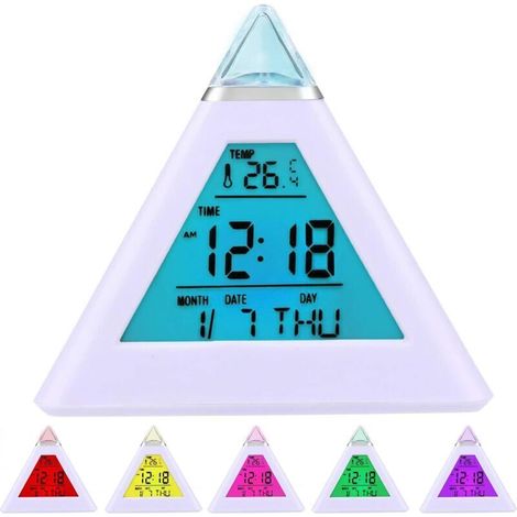 Pyramid-shaped digital alarm clock with 7-color changing LED display – Modern design, night light function and adjustable alarm (1/4)