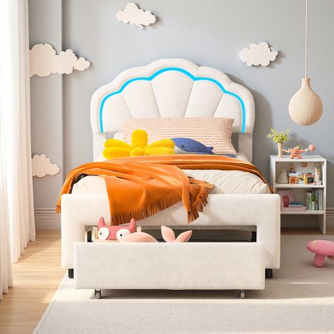 Cadre de lit enfants 90x200 cm acve LED - Velours Blanc - tiroirs - Lit 90x200 cm (1/5)