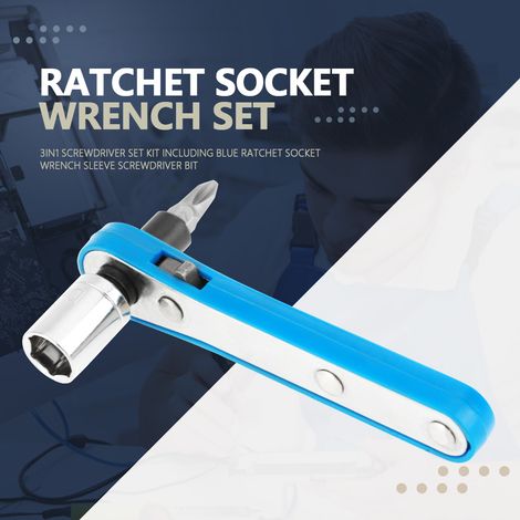 Set de tournevis 3-en-1 avec clé à cliquet bleue, douilles et embouts, outil multifonction pour bricolage, manche ergonomique, accessoires de précision (1/5)